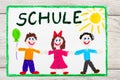Drawing: German word SCHOOL and happy children. First day at school. Royalty Free Stock Photo
