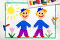 Colorful drawing: Identical twins. Two smiling brothers look the same