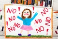 Drawing: Little girl screaming the word NO