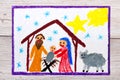 Colorful drawing: Nativity scene. Christmas time Royalty Free Stock Photo