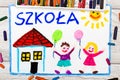 Photo of colorful drawing: Polish word SCHOOL,