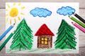 Colorful drawing: small house surrounded by coniferous trees. Royalty Free Stock Photo