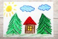 Drawing: small house surrounded by coniferous trees. Royalty Free Stock Photo