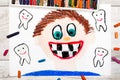 Drawing: Smiling boy without milk teeth. Losing baby teeth.