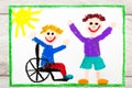 drawing: Smiling boy sitting on his wheelchair. Disabled boy with a friend Royalty Free Stock Photo