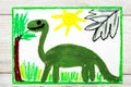 drawing: Smiling dinosaur. Big green diplodocus