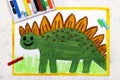 Drawing: Smiling dinosaur. Green weird stegosaurus