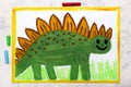 Drawing: Smiling dinosaur. Green weird stegosaurus