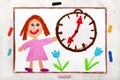 Colorful drawing: Smiling girl standing next to the clock.