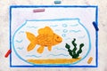 drawing: Smiling goldfish in blue fishbowl. Fish with bubbles in glass Royalty Free Stock Photo