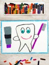 Drawing: smiling healthy tooth holding a toothpaste and a toothbrush Royalty Free Stock Photo