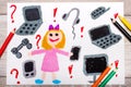 Photo of colorful drawing: smiling little girl surrounded by electronic devices,