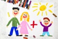 Colorful drawing: Smiling parents plus adopted child