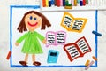 colorful drawing: Smiling young girl with open books. Royalty Free Stock Photo