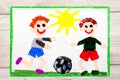 Drawing :Two little boys play football. Soccer game Royalty Free Stock Photo