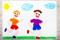 drawing: two smiling running boys
