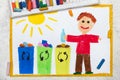 drawing: Waste separation. Smiling boy segregating their garbage to different colored trash bins.