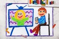 Colorful drawing: Young man sitting in a chair and watching television. Royalty Free Stock Photo