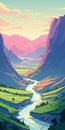 A Vibrant Illustration Of A River Running Through The Mountains