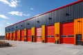 Photo Colorful metal self storage units outside warehouse, industrial rental space