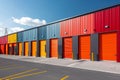 Photo Colorful metal self storage units outside warehouse, industrial rental space