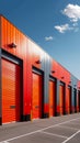 Photo Colorful metal self storage units outside warehouse, industrial rental space