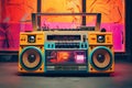 photo of a colorful retro looking boombox placed in a brightly room 80s retro nostalgic