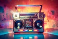 photo of a colorful retro looking boombox placed in a brightly room 80s retro nostalgic