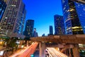 Photo of commercial office buildings exterior. Night view at bot Royalty Free Stock Photo