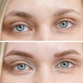 Photo comparison before and after permanent makeup, tattooing of eyebrows Royalty Free Stock Photo