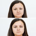 Photo comparison before and after permanent makeup, tattooing of eyebrows