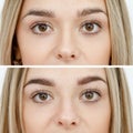 Photo comparison before and after permanent makeup, tattooing of eyebrows