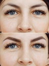 Photo comparison before and after permanent makeup, tattooing of eyebrows Royalty Free Stock Photo