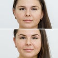 Photo comparison before and after permanent makeup, tattooing of eyebrows