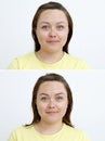 Photo comparison before and after permanent makeup, tattooing of eyebrows