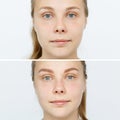 Photo comparison before and after permanent makeup, tattooing of eyebrows Royalty Free Stock Photo