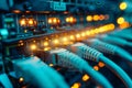 A photo of a complex system of wires, intricately connected to one another, Conceptual backdrop of a network switch in operation,