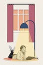Photo composite creative collage artwork designed small flat interior schoolgirl preteen reading book lying under lamp