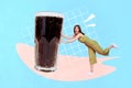 Photo composite minimal collage coca cola template party event day woman push huge glass cup sparkles dark beverage