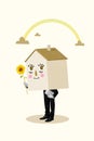 Photo composite picture collage creative surreal head birdhouse human holding sunflower present isolated on beige color