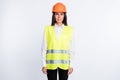 Photo of confident builder brunette lady look camera wear helmet shirt vest isolated white color background Royalty Free Stock Photo