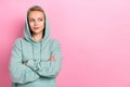 Photo of confident specialist professional engineer developer young woman wear hoodie crossed arms look mockup isolated