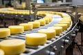 Photo of a conveyor belt filled with stacks of cheese in a factory. Industrial cheese production plant. Modern technologies. Royalty Free Stock Photo