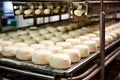 Photo of a conveyor belt filled with uncooked cheese. Industrial cheese production plant. Modern technologies. Production of Royalty Free Stock Photo