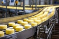 Photo of a conveyor belt filled with a variety of cheeses. Industrial cheese production plant. Modern technologies. Production of Royalty Free Stock Photo