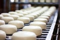 Photo of a conveyor belt filled with a variety of delicious cheeses. Industrial cheese production plant. Modern technologies. Royalty Free Stock Photo