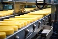 Photo of a conveyor belt filled with a variety of delicious cheeses. Industrial cheese production plant. Modern technologies. Royalty Free Stock Photo