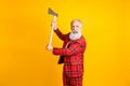 Photo of cool grandpa white beard model holding hands swinging big axe yelling outraged wear tartan red costume outfit Royalty Free Stock Photo