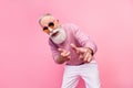 Photo of cool grey beard hair old man point you wear eyewear sweater isolated on pink background Royalty Free Stock Photo