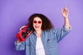 Photo of cool nice girl have fun boombox wear denim shirt isolated on violet color background